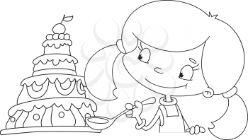 illustration of a girl and cake outlined
