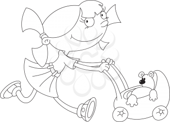 illustration of a girl and toy carriage outlined