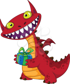 illustration of a laughing dragon and gift