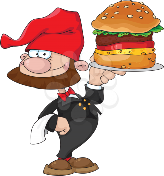 illustration of a waiter gnome with burger