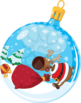 illustration of a christmas ball with deer and a bag