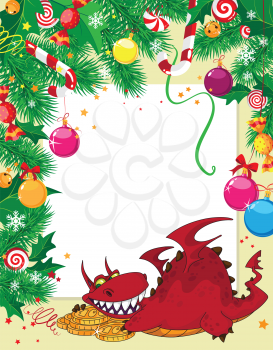 illustration of a Christmas card and dragon with money