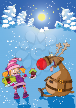 illustration of a Christmas night girl and deer