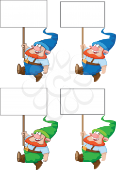 illustration of a walking gnome with blank sign