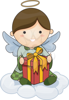 Royalty Free Clipart Image of an Angel With a Christmas Present