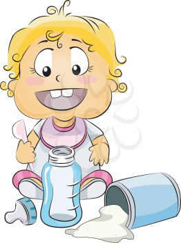 Royalty Free Clipart Image of a Baby Making Herself a Bottle of Powdered Milk