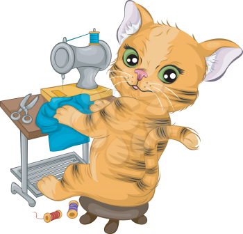 Royalty Free Clipart Image of a Cat Sewing
