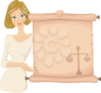 Royalty Free Clipart Image of a Woman Holding a Scroll With a Scale
