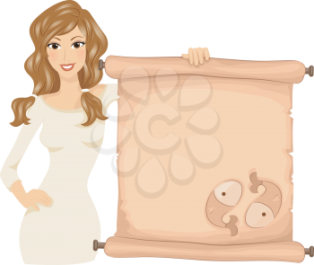 Royalty Free Clipart Image of a Girl With a Scroll and Two Fish