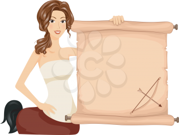 Royalty Free Clipart Image of a Part Woman Part Horse With a Scroll That Has a Bow and Arrow on It