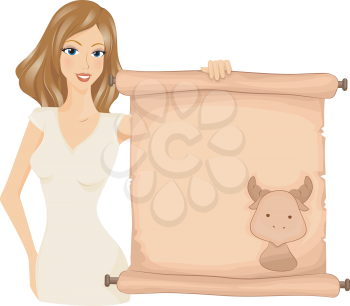 Royalty Free Clipart Image of a Woman Holding a Scroll With a Bull