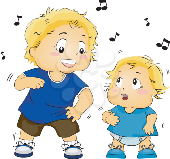 Royalty Free Clipart Image of a Child Teaching a Baby to Dance