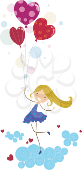 Royalty Free Clipart Image of a Girl on a Cloud With Heart Balloons