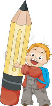 Royalty Free Clipart Image of a Boy Holding a Large Pencil