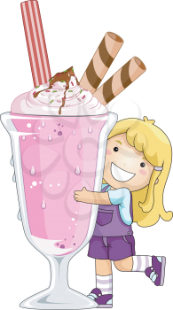 Royalty Free Clipart Image of a Girl With a Big Ice Cream Soda
