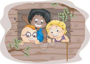 Royalty Free Clipart Image of Children in a Treehouse
