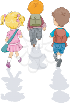 Royalty Free Clipart Image of a Back View of Three Schoolchildren