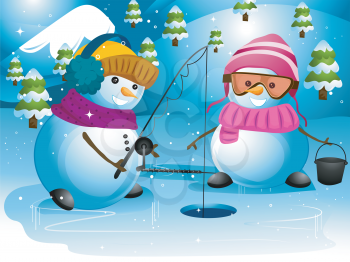 Royalty Free Clipart Image of Snowmen Ice Fishing