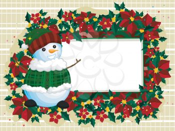 Royalty Free Clipart Image of a Snowman Standing by a Poinsettia Frame
