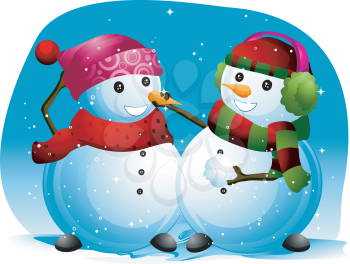Royalty Free Clipart Image of a Snowman Fixing Another Snowman's Nose