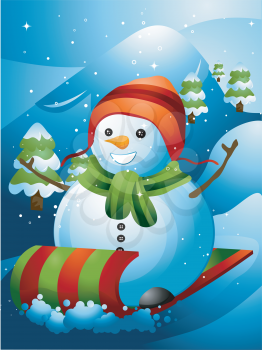 Royalty Free Clipart Image of a Snowman on a Sled