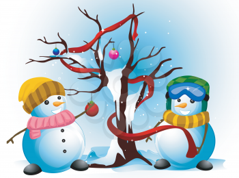 Royalty Free Clipart Image of Two Snowmen Decorating a Tree