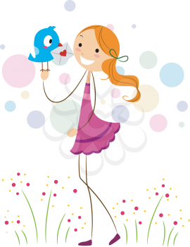 Royalty Free Clipart Image of a Girl Getting a Message From a Bluebird