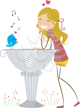 Royalty Free Clipart Image of a Bluebird Singing to a Girl