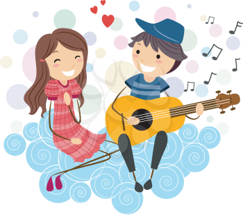 Royalty Free Clipart Image of a Boy Serenading a Girl