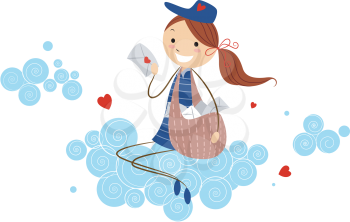 Royalty Free Clipart Image of a Mail Carrier on a Cloud Holding a Letter With a Heart on It