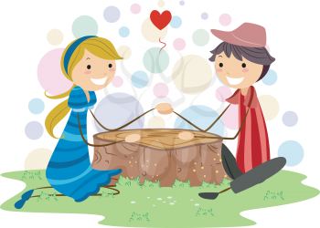 Royalty Free Clipart Image of a Couple Holding Hands Over a Stump