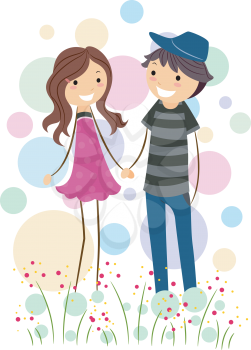 Royalty Free Clipart Image of a Couple Walking in Flowers Holding Hands
