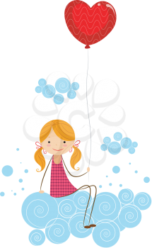 Royalty Free Clipart Image of a Girl on a Cloud Holding a Heart Balloon