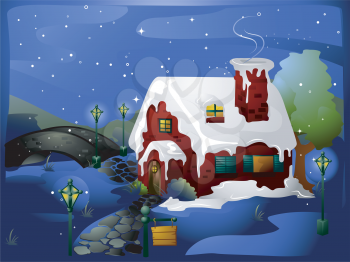 Royalty Free Clipart Image of a Snow-Covered House at Night