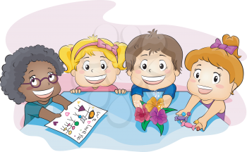 Royalty Free Clipart Image of Children Giving Their Teacher Presents