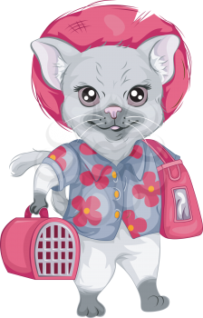 Royalty Free Clipart Image of a Cat With Travelling Items