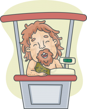Royalty Free Clipart Image of a Caveman Cashier