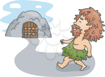 Royalty Free Clipart Image of a Caveman Walking to a Cave