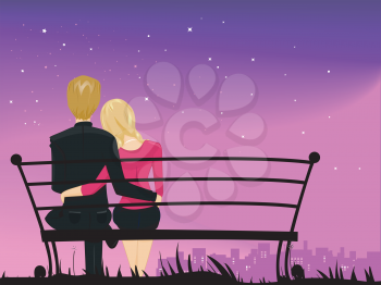 Royalty Free Clipart Image of a Couple Cuddling on a Bench at Night