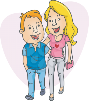 Royalty Free Clipart Image of a Tall Girl and Shorter Man Walking Side by Side