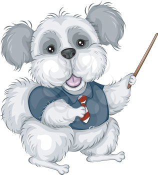 Royalty Free Clipart Image of a Dog Wearing a Shirt and Tie Holding a Pointer