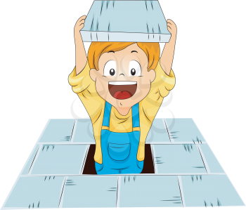 Royalty Free Clipart Image of a Boy Coming Through the Floor
