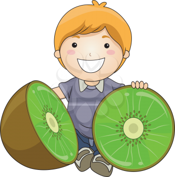 Royalty Free Clipart Image of a Boy With a Large Kiwi