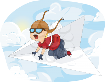 Royalty Free Clipart Image of a Child Riding on a Paper Plane