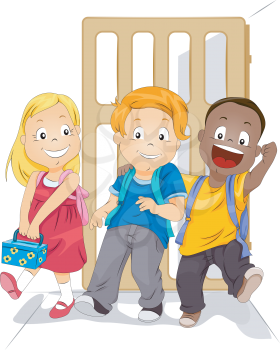 Royalty Free Clipart Image of Children With Schoolbags Leaving a Building