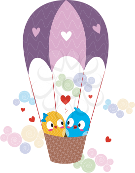 Royalty Free Clipart Image of Lovebirds in a Hot Air Balloon