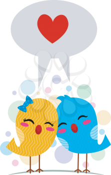 Royalty Free Clipart Image of Two Birds Under a Conversation Bubble With a Heart