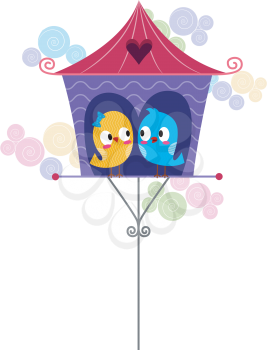 Royalty Free Clipart Image of a Blue Bird and a Yellow Bird in a Cage