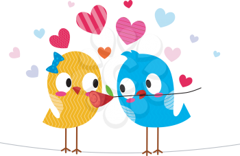 Royalty Free Clipart Image of a Bird Giving Another Bird a Flower