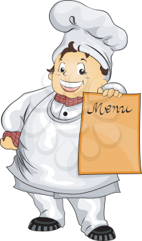 Royalty Free Clipart Image of a Chef Holding a Blank Menu